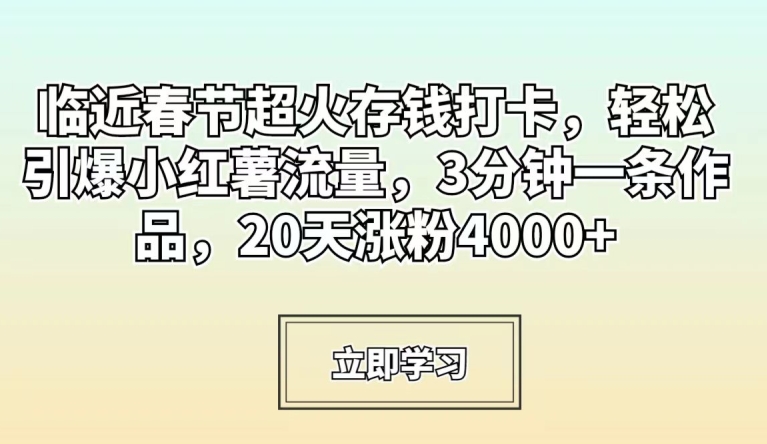 临近春节超火存钱打卡,轻松引爆小红薯流量,3分钟一条作品,20天涨粉4000+【揭秘】