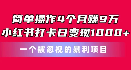 简单操作4个月赚9w,小红书打卡日变现1k,一个被忽视的暴力项目【揭秘】