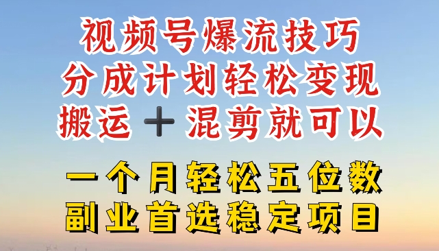 视频号爆流技巧，分成计划轻松变现，搬运 +混剪就可以，一个月轻松五位数稳定项目【揭秘】-项目资源库