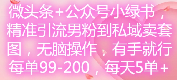 微头条+公众号小绿书,精准引流男粉到私域卖套图,无脑操作,有手就行,每单99-200,每天5单