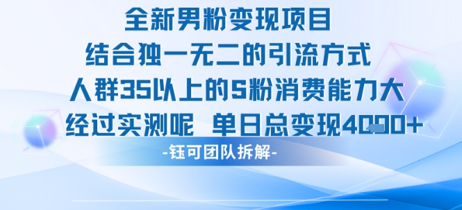 全新男粉变现项目引流人群35以上的男粉消费能力大 经过实测单日变现1k+-项目资源库