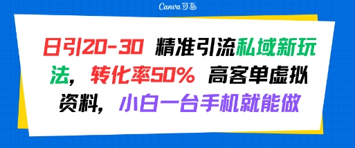 日引 20-30 精准引流私域新玩法，转化率50% 高客单虚拟资料，小白一台手机就能做-项目资源库