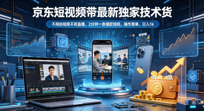 京东短视频带货最新独家技术，不用拍视频不用直播，2分钟一条爆款视频，操作简单，日入1k+【揭秘】-项目资源库