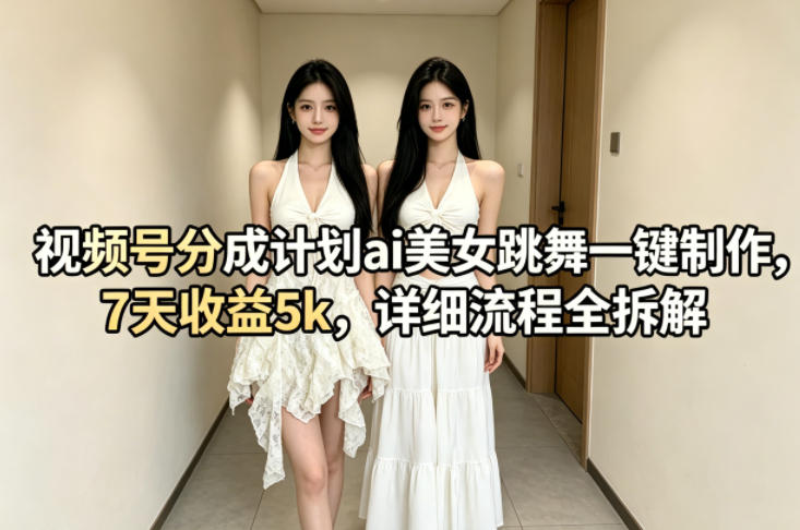 视频号分成计划ai美女跳舞一键制作，7天收益5k，详细流程全拆解-项目资源库