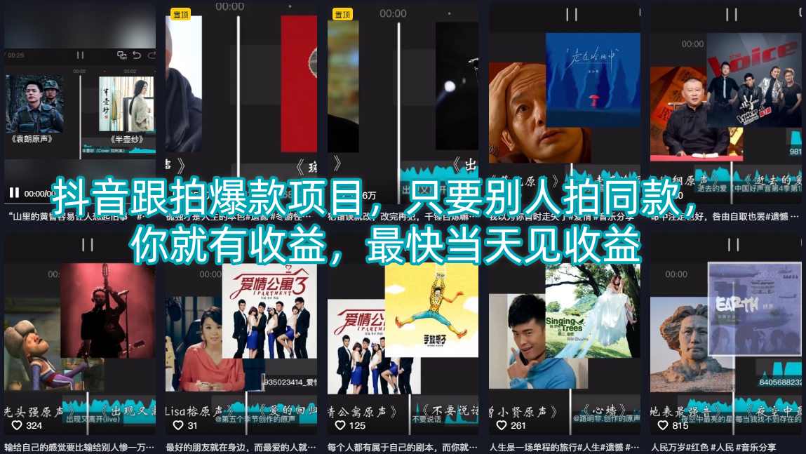 抖音跟拍爆款项目，只要别人拍同款，你就有收益，最快当天见收益-项目资源库