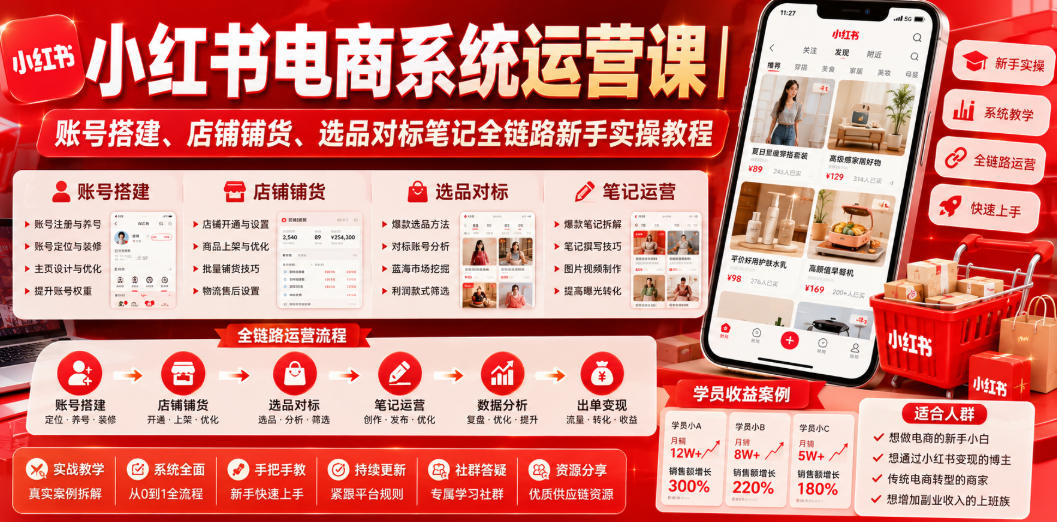 小红书电商系统运营课｜账号搭建、店铺铺货、选品对标笔记全链路新手实操教程-项目资源库