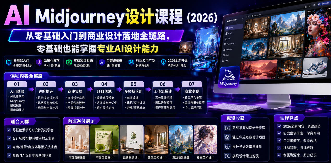 AI Midjourney设计课程（2026），从零基础入门到商业设计落地全链路，零基础也能掌握专业AI设计能力-项目资源库