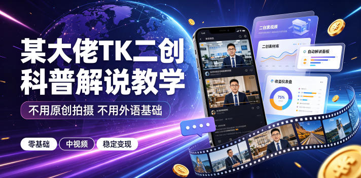 某大佬TK二创科普解说教学，不用原创拍摄不用外语基础，零基础做TikTok中视频稳定变现-项目资源库