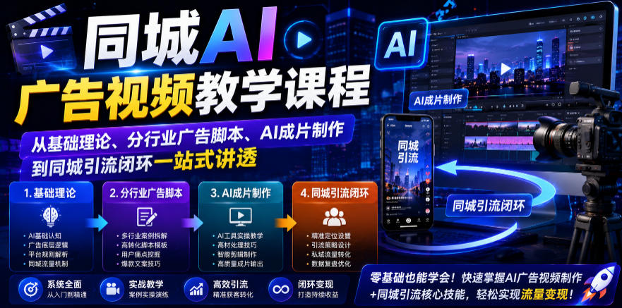 同城AI广告视频教学课程，从基础理论、分行业广告脚本、AI成片制作到同城引流闭环一站式讲透-项目资源库