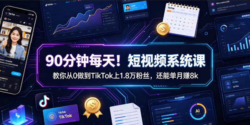 90分钟每天！短视频系统课教你从0做到TikTok上1.8万粉丝，还能单月賺8k【原创双语字幕】-项目资源库