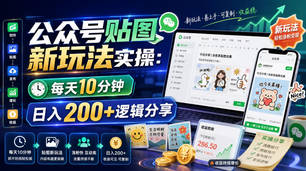 公众号贴图新玩法实操，每天10分钟，日入200+逻辑分享-项目资源库