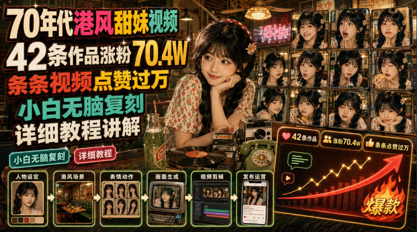 70年代港风甜妹视频，42条作品涨粉70.4W，条条视频点赞过万，小白无脑复刻，详细教程讲解-项目资源库