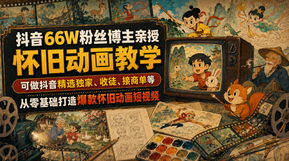 抖音66W粉丝博主亲授怀旧动画教学，可做抖音精选独家、收徒、接商单等，从零基础打造爆款怀旧动画短视频-项目资源库
