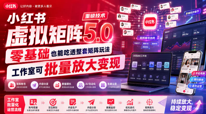 小红书虚拟矩阵5.0重磅技术，零基础也能吃透整套矩阵玩法，工作室可批量放大变现-项目资源库