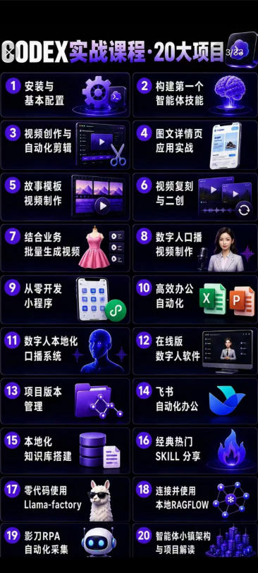 Codex智能体实战全能课｜0基础从搭建技能到自动化落地，视频剪辑-办公-知识库-数字人全场景变现教程-项目资源库