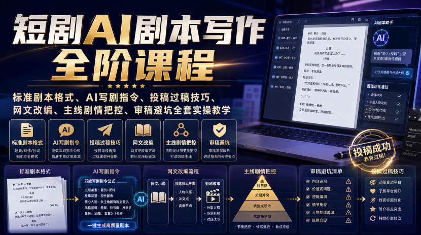 短剧AI剧本写作全阶课程｜标准剧本格式、AI写剧指令、投稿过稿技巧、网文改编、主线剧情把控、审稿避坑全套实操教学-项目资源库