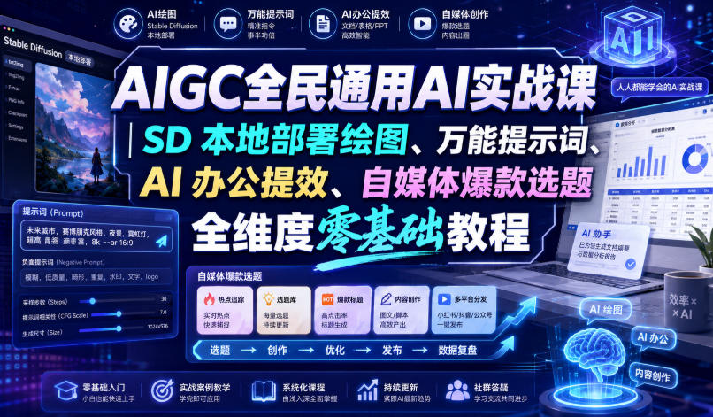 AIGC全民通用AI实战课｜SD本地部署绘图、万能提示词、AI办公提效、自媒体爆款选题全维度零基础教程-项目资源库