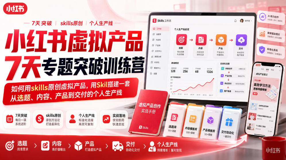 小红书虚拟产品7天专题突破训练营，如何用skills原创虚拟产品，用Skil搭建一套从选题、内容、产品到交付的个人生产线-项目资源库