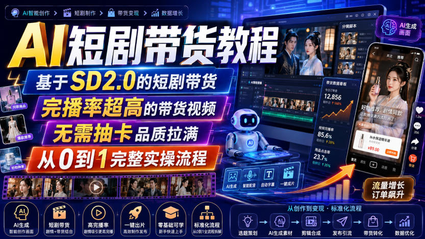AI短剧带货教程，基于SD2.0的短剧带货，完播率超高的带货视频，无需抽卡品质拉满，从0到1完整实操流程-项目资源库