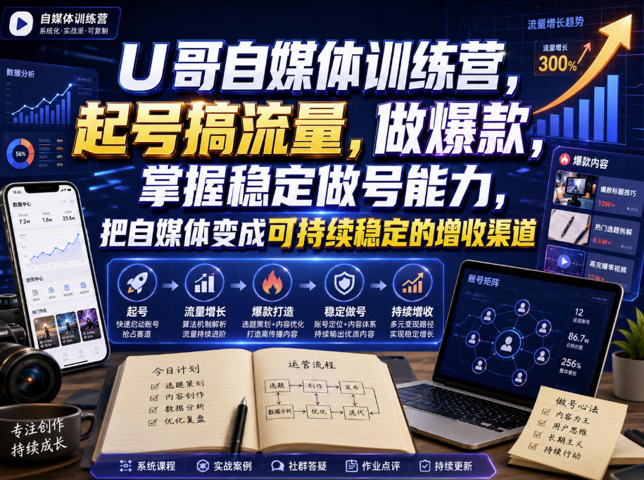 U哥自媒体训练营，起号搞流量，做爆款，掌握稳定做号能力，把自媒体变成可持续稳定的增收渠道-项目资源库