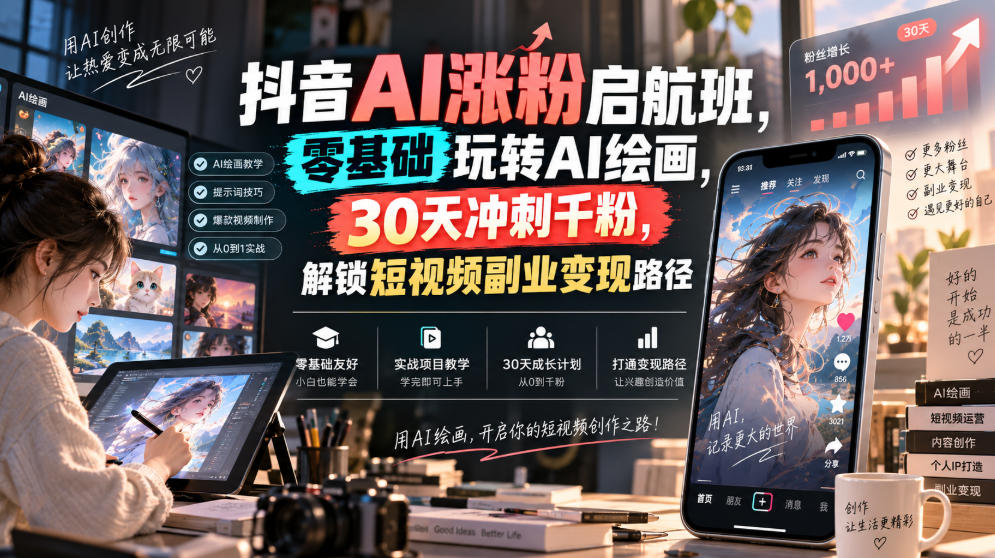 抖音AI涨粉启航班，零基础玩转AI绘画，30天冲刺千粉，解锁短视频副业变现路径-项目资源库