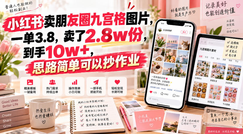 小红书卖朋友圈九宫格图片，一单3.8，卖了2.8w份，到手10w+，思路简单可以抄作业-项目资源库