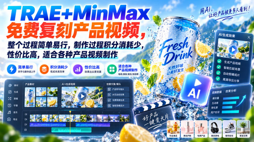 TRAE+MinMax免费复刻产品视频，整个过程简单易行，制作过程积分消耗少，性价比高，适合各种产品视频制作-项目资源库