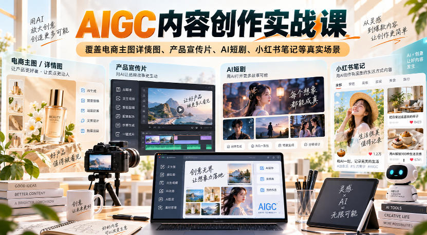 AIGC内容创作实战课，覆盖电商主图详情图、产品宣传片、AI短剧、小红书笔记等真实场景-项目资源库