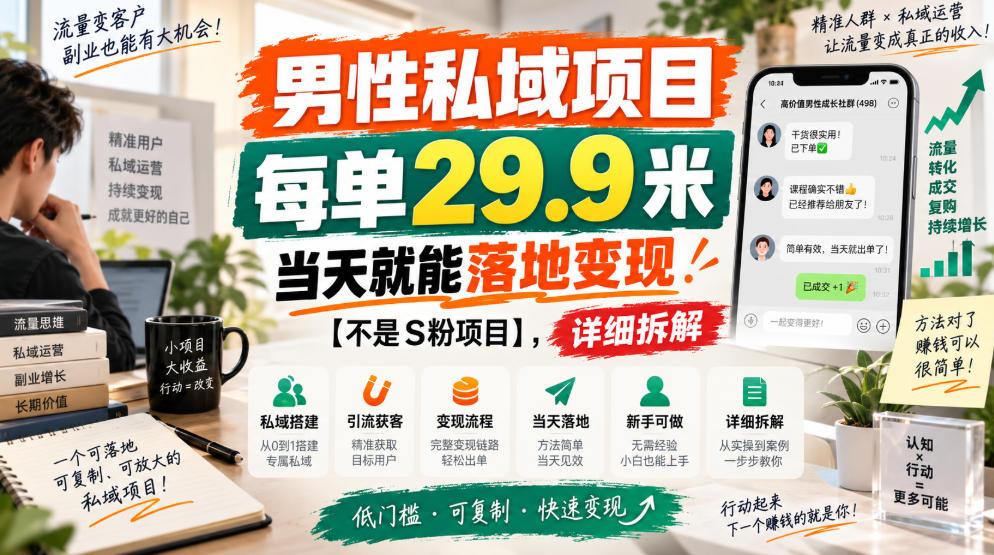男性私域项目，每单29.9米，当天就能落地变现【不是S粉项目】，详细拆解-项目资源库