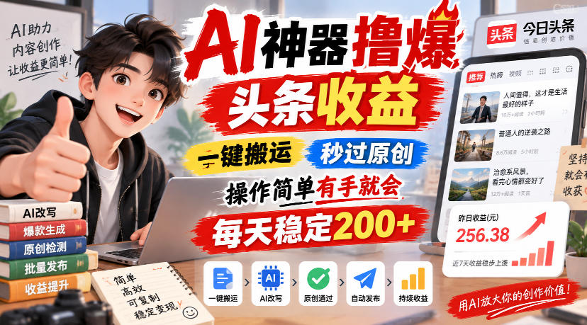 AI神器撸爆头条收益，一键搬运，秒过原创，操作简单有手就会，每天稳定200+【揭秘】-项目资源库