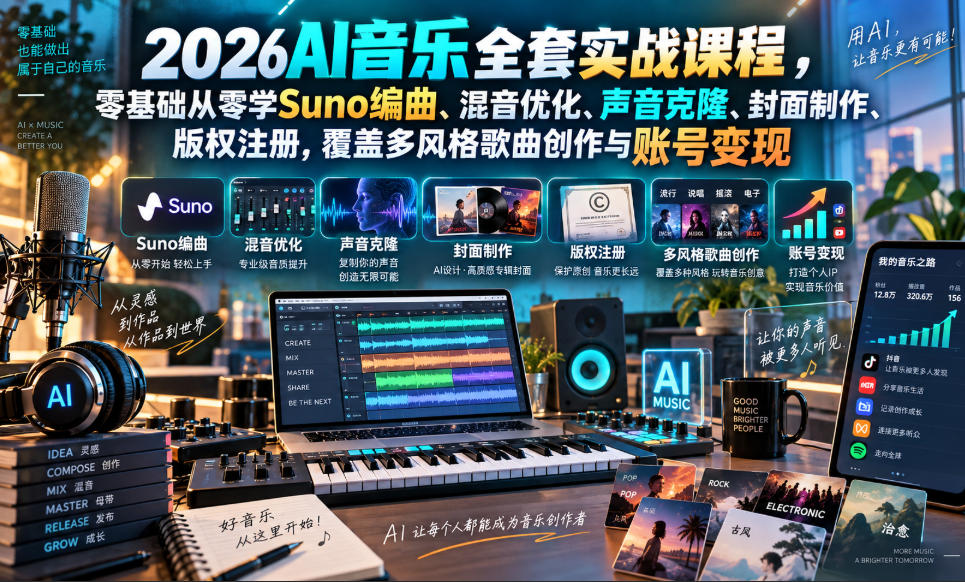 2026AI音乐实战课程，零基础从零学Suno编曲、混音优化、声音克隆、版权注册，覆盖多风格歌曲创作与账号变现-项目资源库