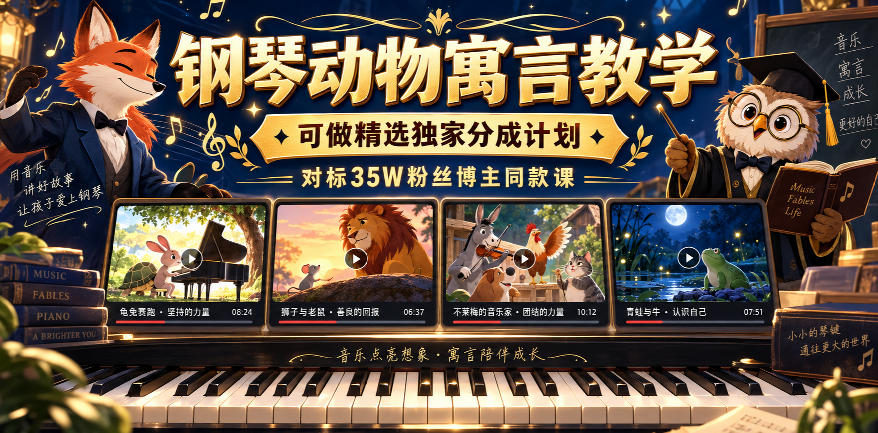 钢琴动物寓言教学，可做精选独家分成计划，对标35W粉丝博主同款课-项目资源库