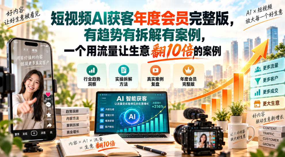 短视频AI获客年度会员完整版，有趋势有拆解有案例，一个用流量让生意翻10倍的案例-项目资源库