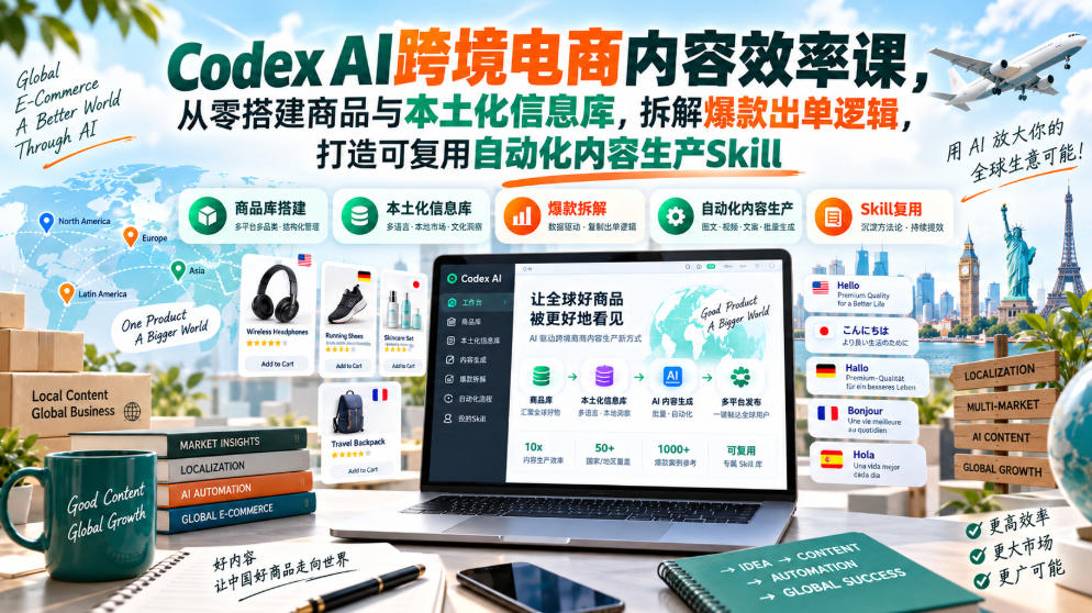 Codex AI跨境电商内容效率课，从零搭建商品与本土化信息库，拆解爆款出单逻辑，打造可复用自动化内容生产Skill-项目资源库