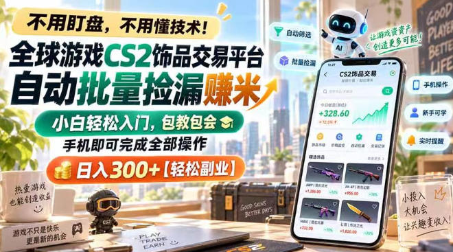 全球游戏CS2饰品交易平台自动批量捡漏賺米，小白轻松入门，包教包会，手机即可完成全部操作，日入300+【揭秘】-项目资源库
