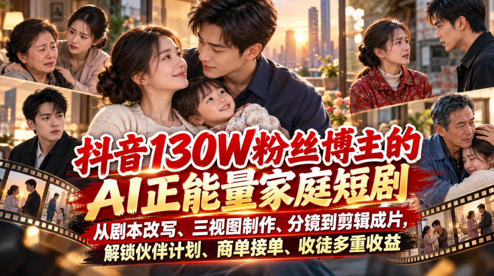 抖音130W粉丝博主的AI正能量家庭短剧，从剧本改写、三视图制作、分镜到剪辑成片，解锁伙伴计划、商单接单、收徒多重收益-项目资源库
