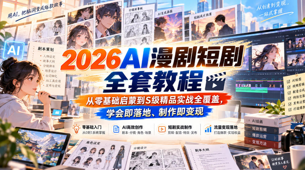 【无水印】2026AI漫剧短剧全套教程，从零基础启蒙到S级精品实战全覆盖，学会即落地、制作即变现-项目资源库