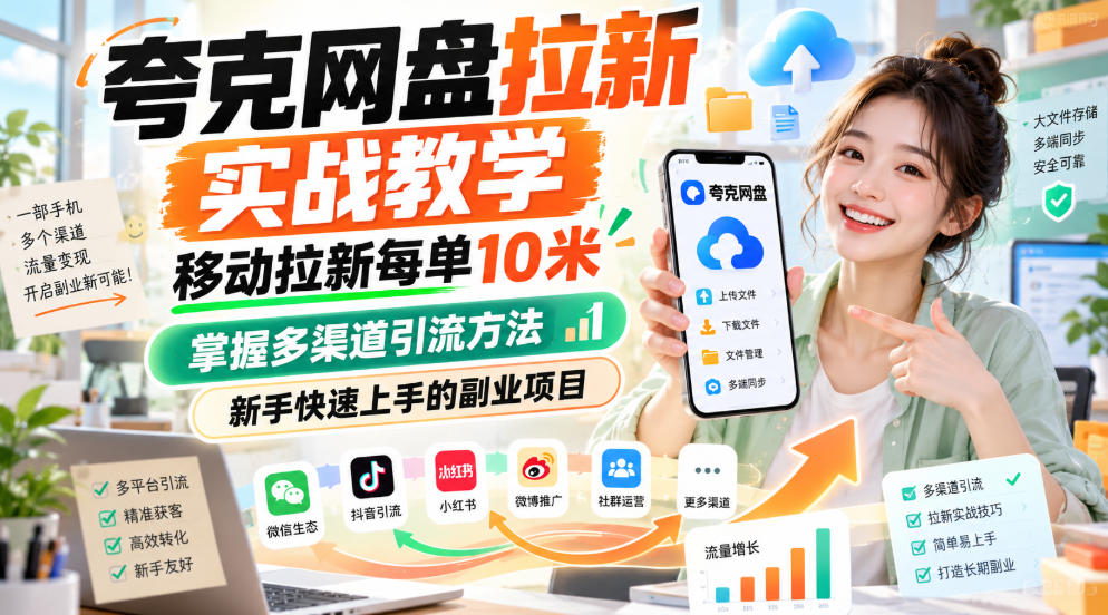 夸克网盘拉新实战教学，移动拉新每单10米，掌握多渠道引流方法，新手快速上手的副业项目-项目资源库
