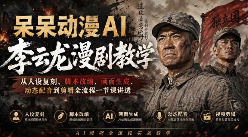 呆呆动漫AI李云龙漫剧教学，从人设复刻、脚本改编、画面生成、动态配音到剪辑全流程一节课讲透-项目资源库
