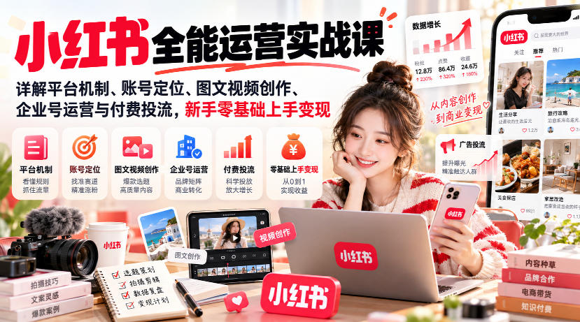 小红书全能运营实战课，详解平台机制、账号定位、图文视频创作、企业号运营与付费投流，新手零基础上手变现-项目资源库