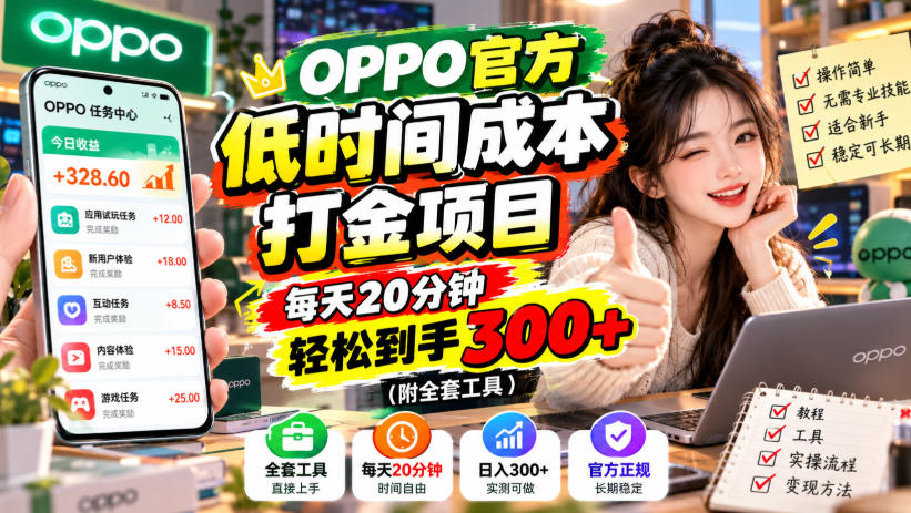 OPPO官方低时间成本打金项目，每天20分钟，轻松到手300+（附全套工具）【揭秘】-项目资源库