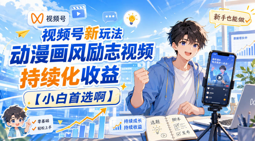 视频号新玩法动漫画风励志视频，持续化收益【小白首选啊】-项目资源库