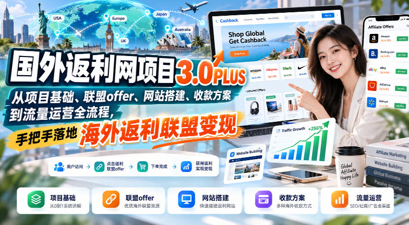 国外返利网项目3.0PLUS，从项目基础、联盟offer、网站搭建、收款方案到流量运营全流程，手把手落地海外返利联盟变现-项目资源库