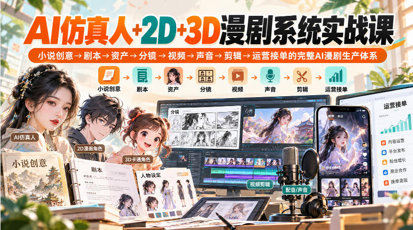 【无水印】AI仿真人+2D+3D漫剧系统实战课，小说创意→剧本→资产→分镜→视频→声音→剪辑→运营接单的完整AI漫剧生产体系-项目资源库