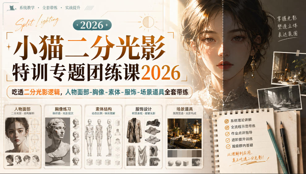 小猫二分光影特训专题团练课2026｜吃透二分光影逻辑，人物面部‑胸像‑素体‑服饰‑场景道具全套带练，高清画质附赠课件与笔刷-项目资源库