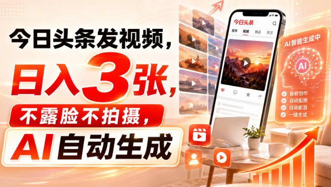 今日头条发视频，日入3张，不露脸不拍摄，AI自动生成-项目资源库