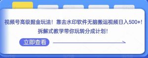视频号高级掘金玩法,靠去水印软件无脑搬运视频日入500+,拆解式教学带你玩转分成计划【揭秘】-项目资源库