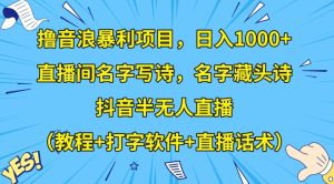 撸音浪暴利项目，日入1000+，直播间名字写诗，名字藏头诗，抖音半无人直播（教程+打字软件+直播话术）【揭秘】-项目资源库