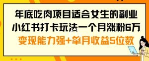 年底吃肉项目适合女生的副业小红书打卡玩法一个月涨粉6万+变现能力强+单月收益5位数【揭秘】-项目资源库