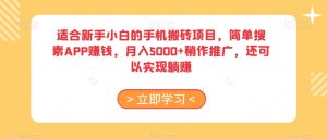 适合新手小白的手机搬砖项目，简单搜素APP赚钱，月入5000+稍作推广，还可以实现躺赚【揭秘】-项目资源库